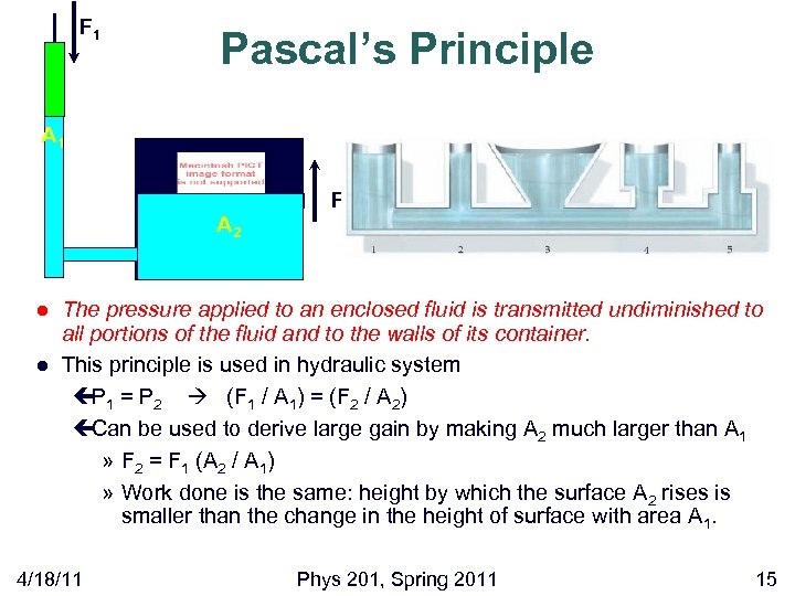 F 1 Pascal’s Principle A 1 A 2 l l F 2 The pressure
