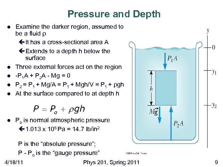 Pressure and Depth l l l Examine the darker region, assumed to be a