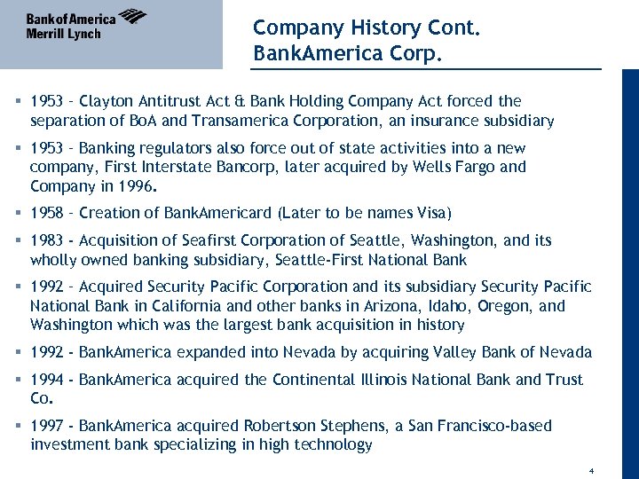 04 April 2011 Company History Cont. Bank. America Corp. § 1953 – Clayton Antitrust