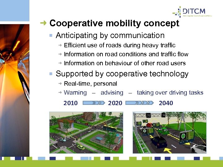 Cooperative mobility concept Anticipating by communication Efficient use of roads during heavy traffic Information