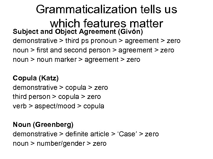 Grammaticalization tells us which features matter Subject and Object Agreement (Givón) demonstrative > third