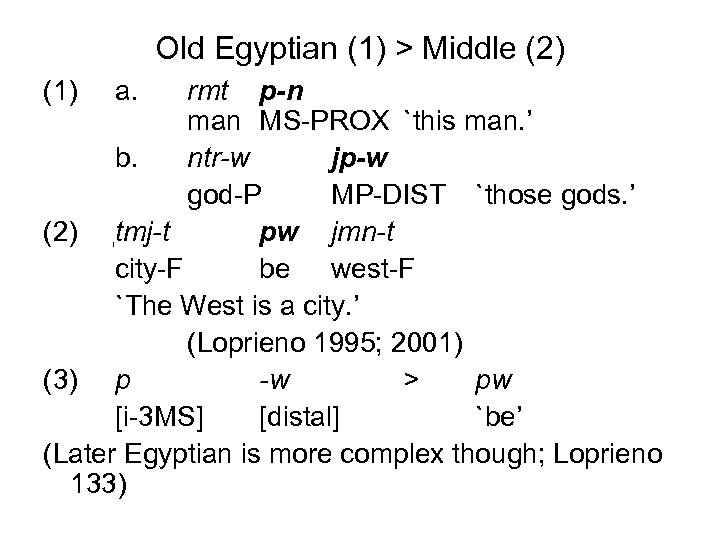 Old Egyptian (1) > Middle (2) (1) a. rmt p-n man MS-PROX `this man.