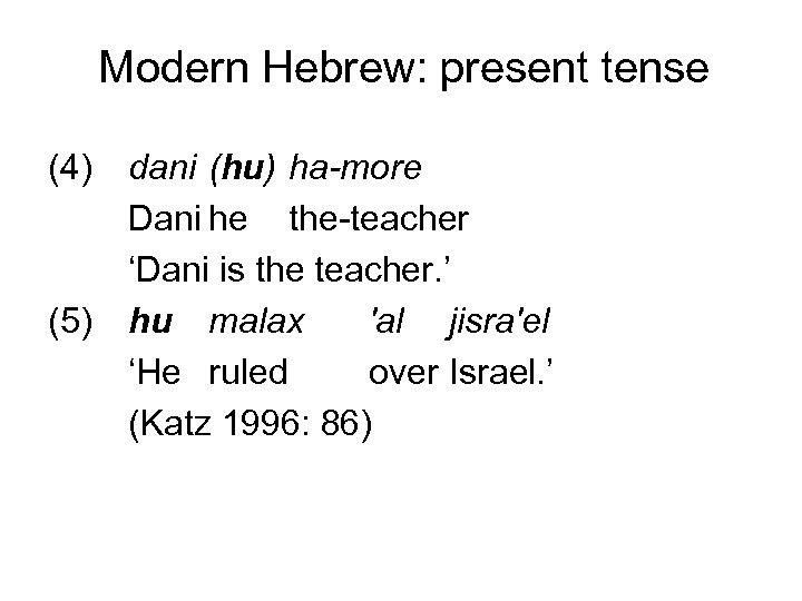 Modern Hebrew: present tense (4) (5) dani (hu) ha-more Dani he the-teacher ‘Dani is