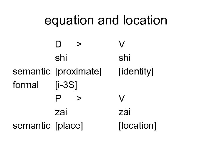 equation and location D > shi semantic [proximate] formal [i-3 S] P > zai