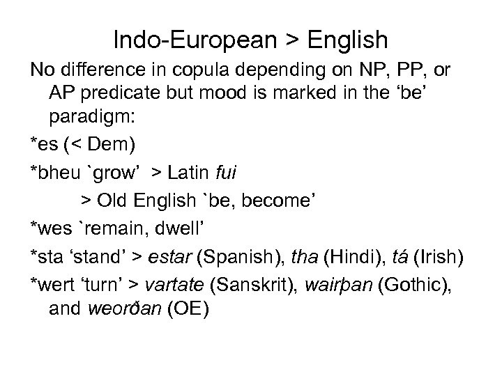 Indo-European > English No difference in copula depending on NP, PP, or AP predicate