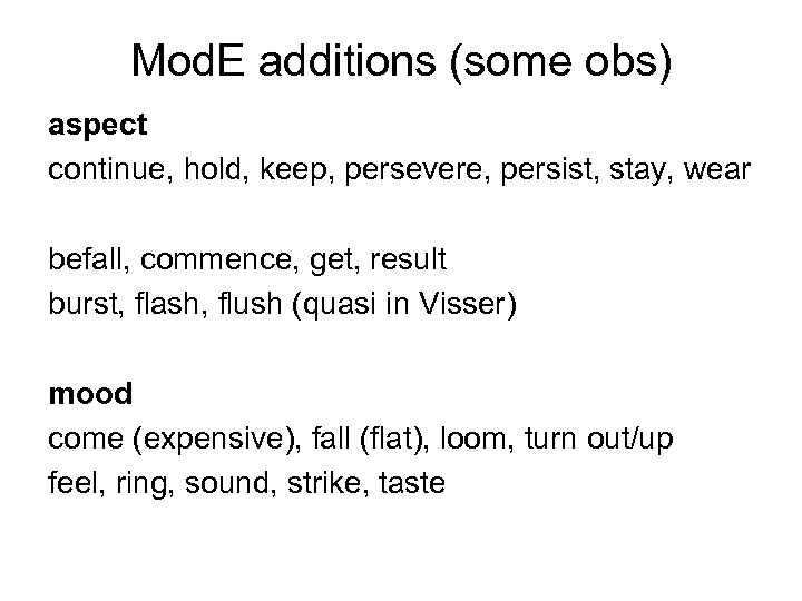 Mod. E additions (some obs) aspect continue, hold, keep, persevere, persist, stay, wear befall,