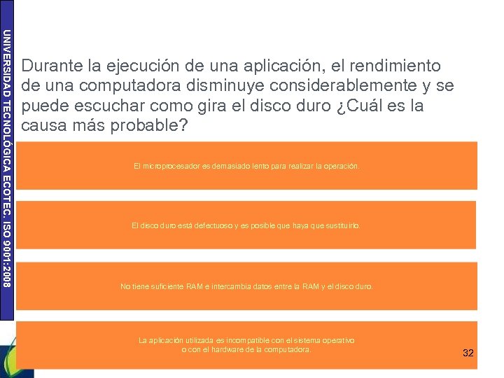 UNIVERSIDAD TECNOLÓGICA ECOTEC. ISO 9001: 2008 Durante la ejecución de una aplicación, el rendimiento