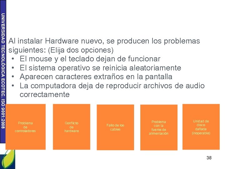 UNIVERSIDAD TECNOLÓGICA ECOTEC. ISO 9001: 2008 Al instalar Hardware nuevo, se producen los problemas