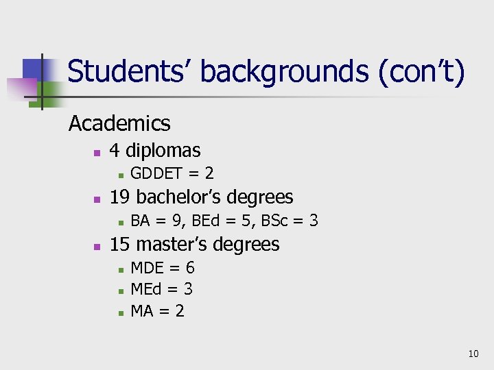 Students’ backgrounds (con’t) Academics n 4 diplomas n n 19 bachelor’s degrees n n