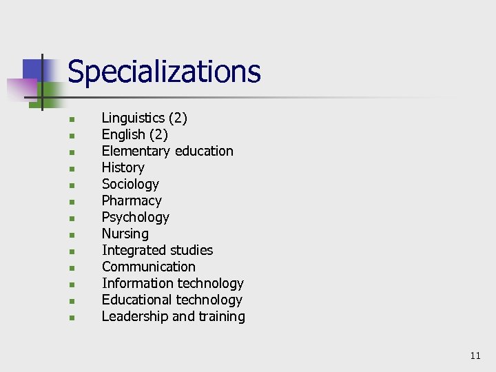 Specializations n n n n Linguistics (2) English (2) Elementary education History Sociology Pharmacy