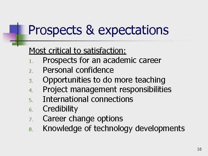 Prospects & expectations Most critical to satisfaction: 1. Prospects for an academic career 2.