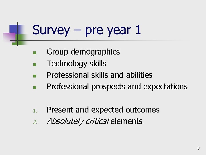 Survey – pre year 1 n n 1. 2. Group demographics Technology skills Professional