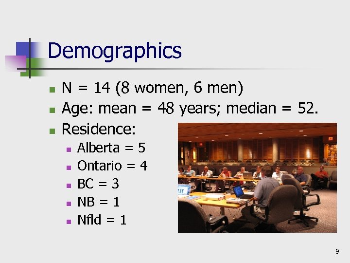 Demographics n n n N = 14 (8 women, 6 men) Age: mean =