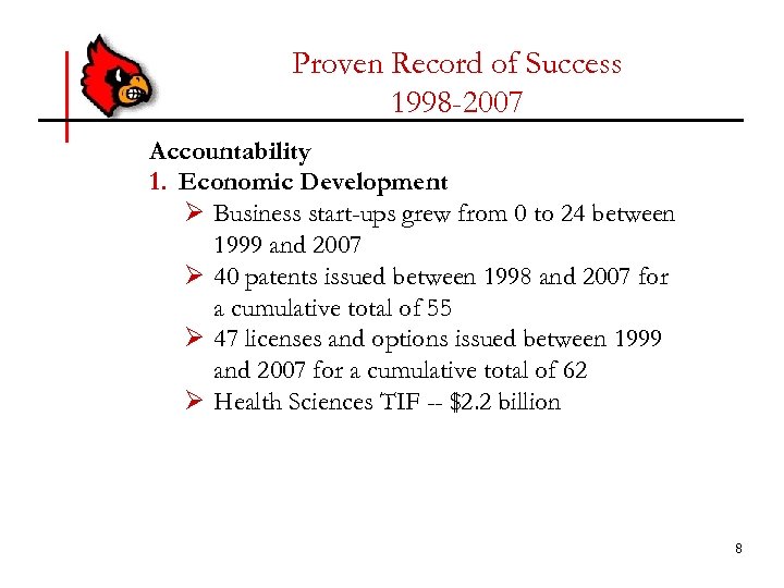 Proven Record of Success 1998 -2007 Accountability 1. Economic Development Ø Business start-ups grew