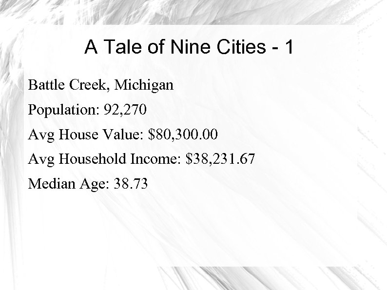 A Tale of Nine Cities - 1 Battle Creek, Michigan Population: 92, 270 Avg