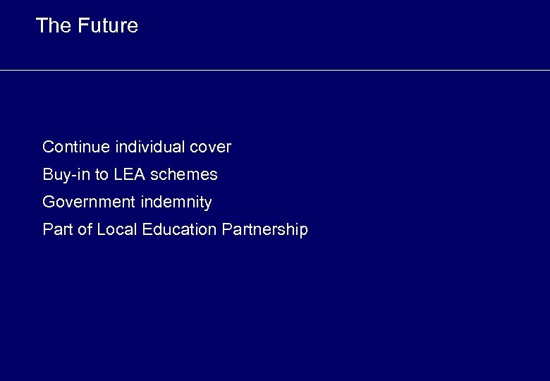The Future Continue individual cover Buy-in to LEA schemes Government indemnity Part of Local