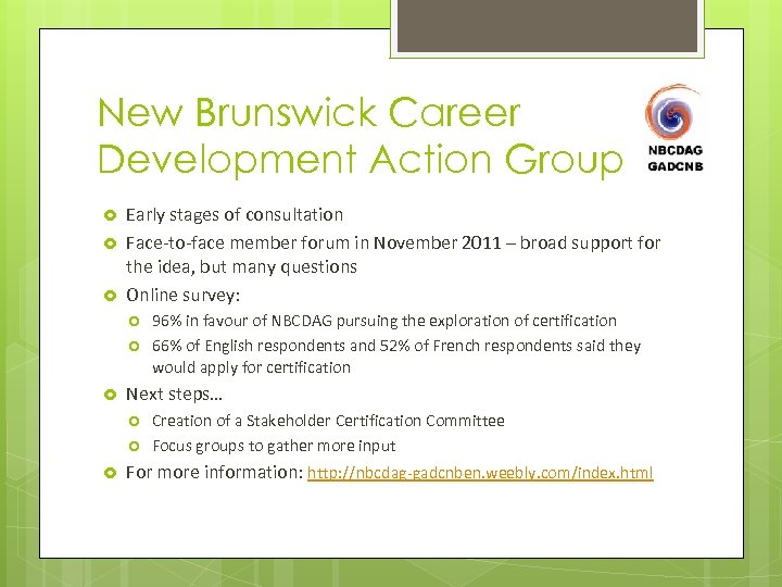 New Brunswick Career Development Action Group Early stages of consultation Face-to-face member forum in