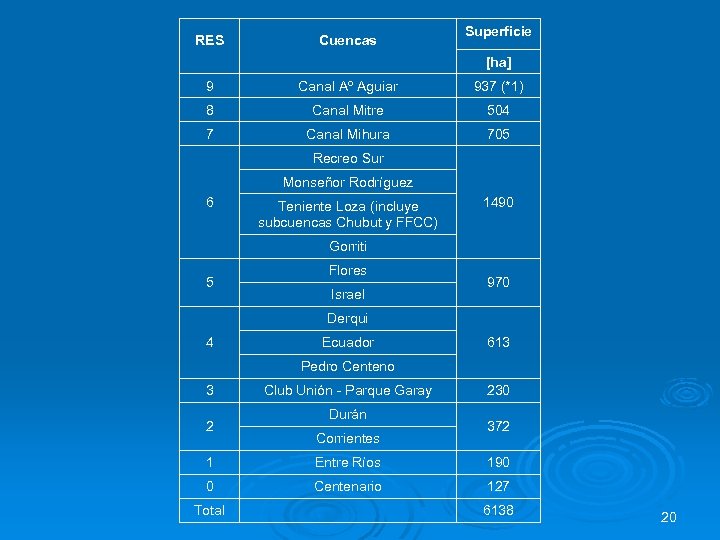 RES Cuencas Superficie [ha] 9 Canal Aº Aguiar 937 (*1) 8 Canal Mitre 504
