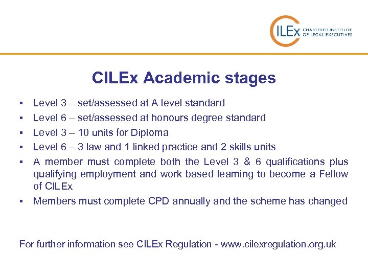 CILEx Academic stages § § § Level 3 – set/assessed at A level standard