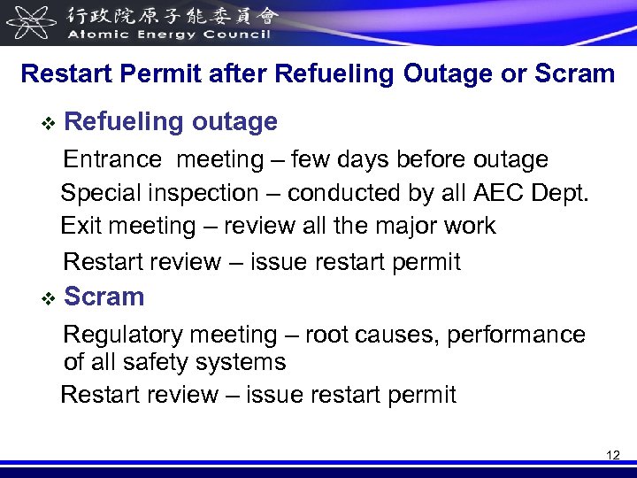 Restart Permit after Refueling Outage or Scram v Refueling outage Entrance meeting – few