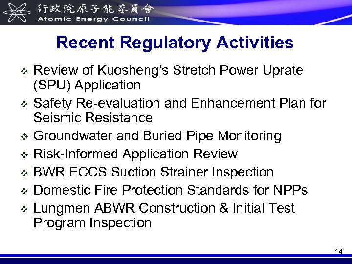 Recent Regulatory Activities v v v v Review of Kuosheng’s Stretch Power Uprate (SPU)