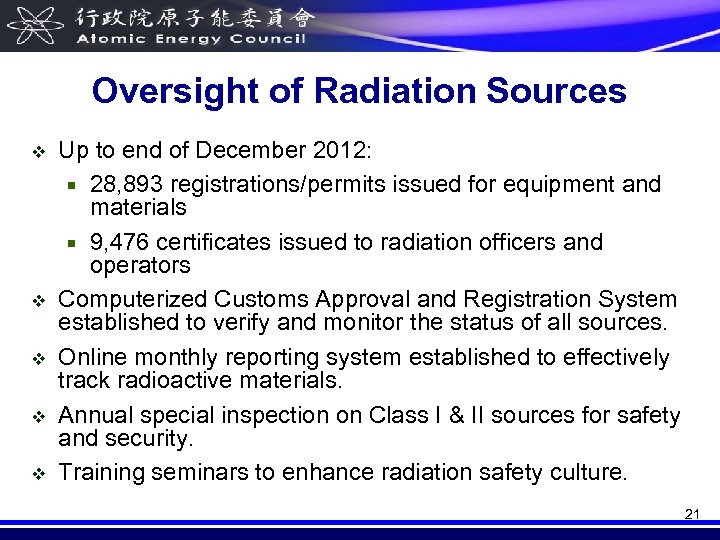 Oversight of Radiation Sources v v v Up to end of December 2012: ¡