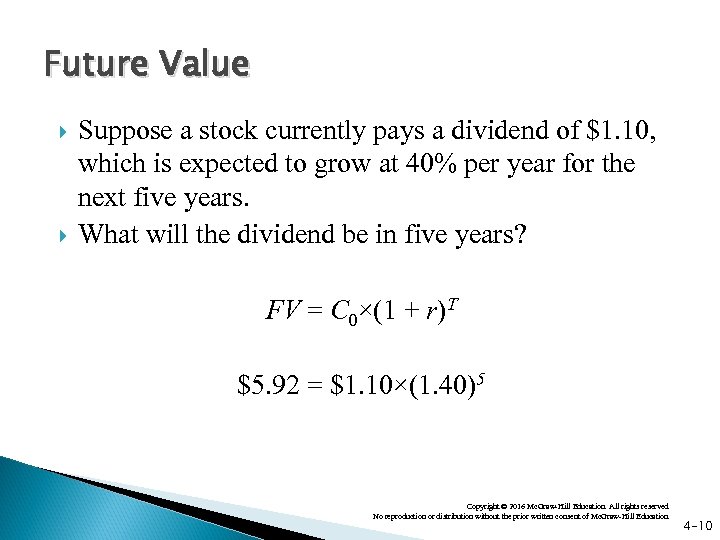 Future Value Suppose a stock currently pays a dividend of $1. 10, which is