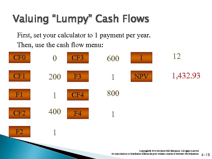 Valuing “Lumpy” Cash Flows First, set your calculator to 1 payment per year. Then,