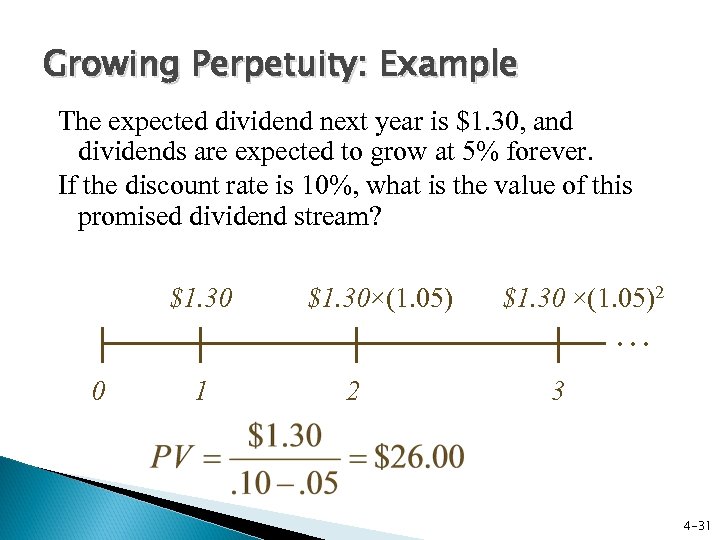 Growing Perpetuity: Example The expected dividend next year is $1. 30, and dividends are