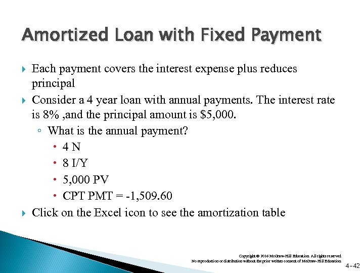 Amortized Loan with Fixed Payment Each payment covers the interest expense plus reduces principal