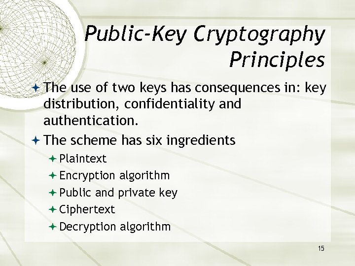 Public-Key Cryptography Principles The use of two keys has consequences in: key distribution, confidentiality