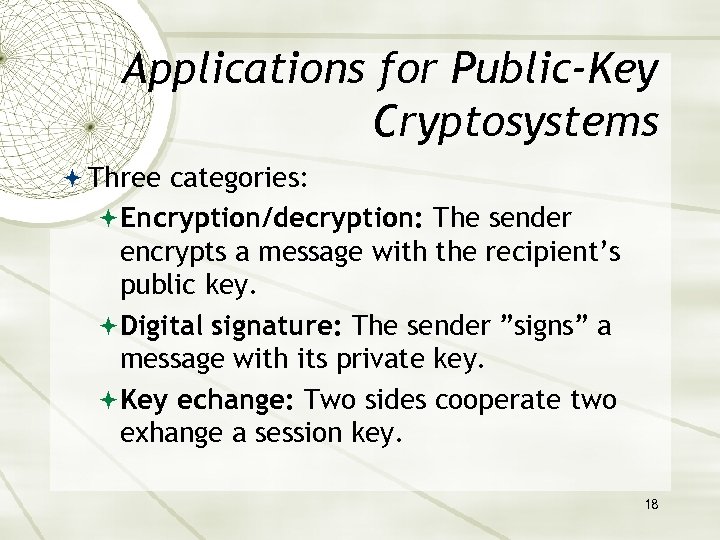 Applications for Public-Key Cryptosystems Three categories: Encryption/decryption: The sender encrypts a message with the