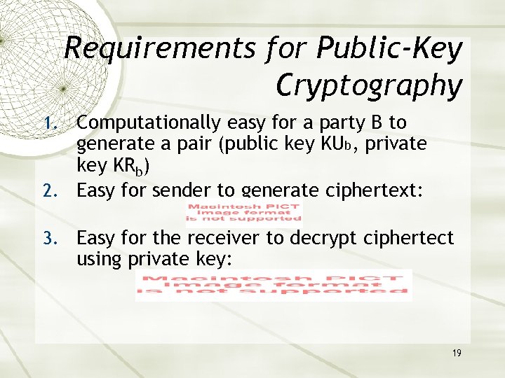 Requirements for Public-Key Cryptography 1. Computationally easy for a party B to generate a