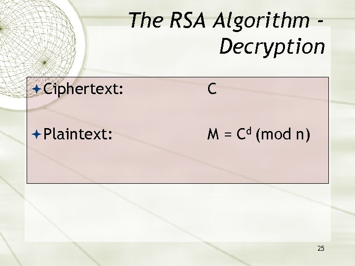 The RSA Algorithm Decryption Ciphertext: C Plaintext: M = Cd (mod n) 25 