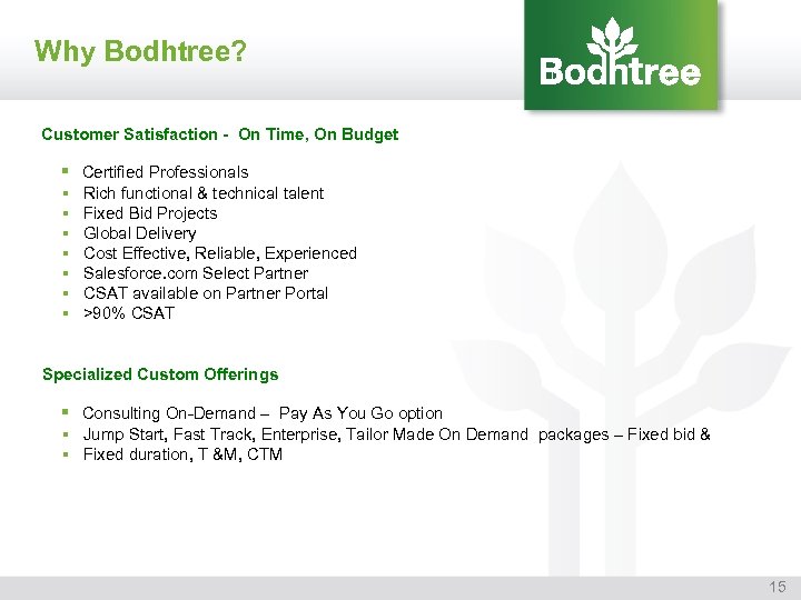 Why Bodhtree? Customer Satisfaction - On Time, On Budget § Certified Professionals § §