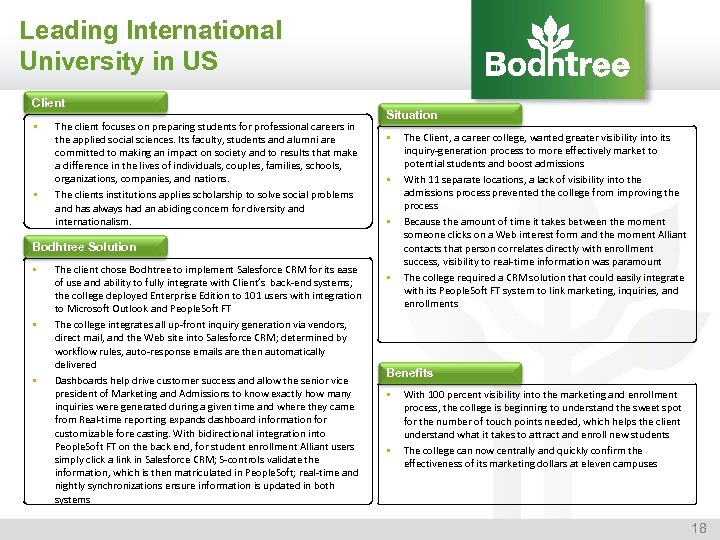 Leading International University in US Client § § The client focuses on preparing students