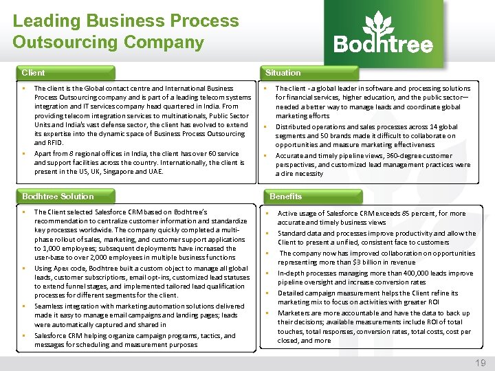 Leading Business Process Outsourcing Company Client § § The client is the Global contact