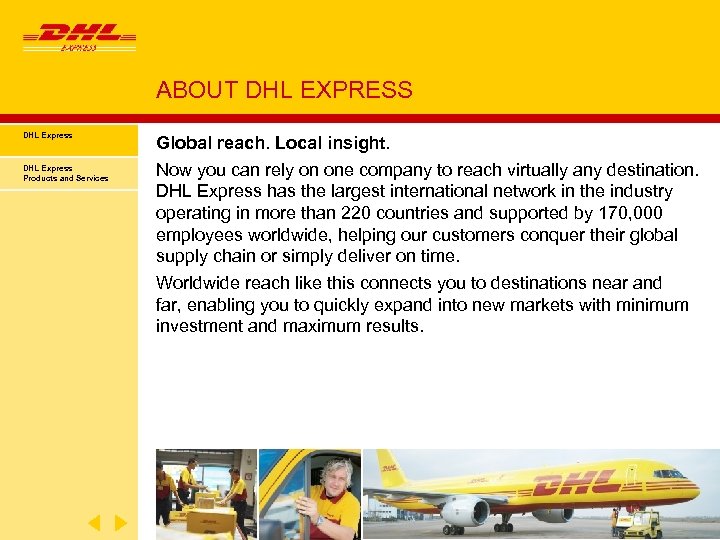 ABOUT DHL EXPRESS DHL Express Products and Services Global reach. Local insight. Now you