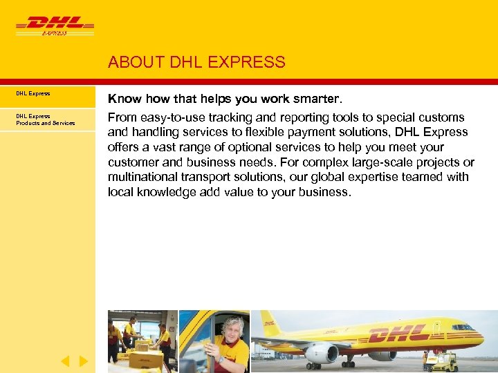 ABOUT DHL EXPRESS DHL Express Products and Services Know how that helps you work