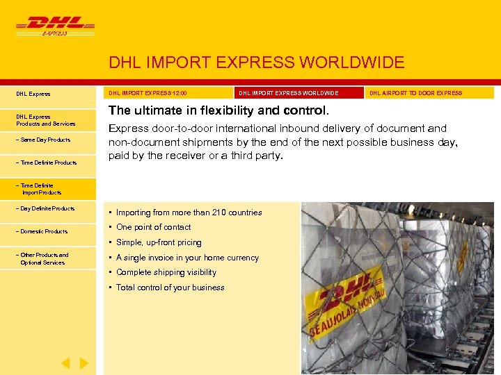 DHL IMPORT EXPRESS WORLDWIDE DHL Express Products and Services − Same Day Products −