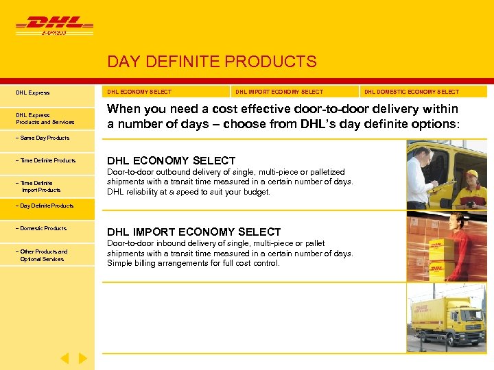 DAY DEFINITE PRODUCTS DHL Express DHL ECONOMY SELECT DHL IMPORT ECONOMY SELECT DHL Express