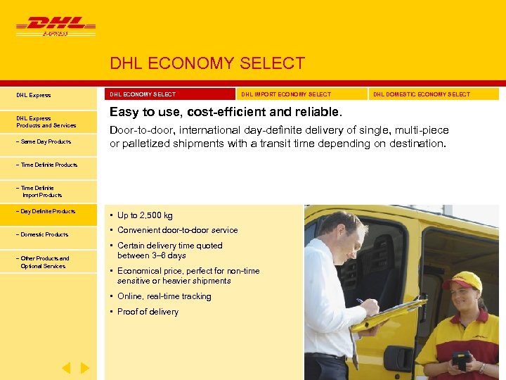 DHL ECONOMY SELECT DHL Express Products and Services − Same Day Products DHL ECONOMY