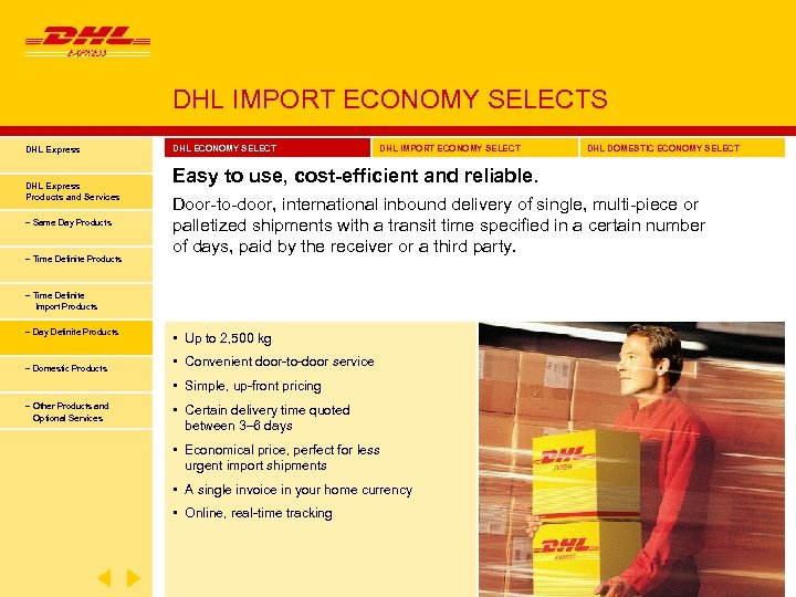 DHL IMPORT ECONOMY SELECTS DHL Express Products and Services − Same Day Products −