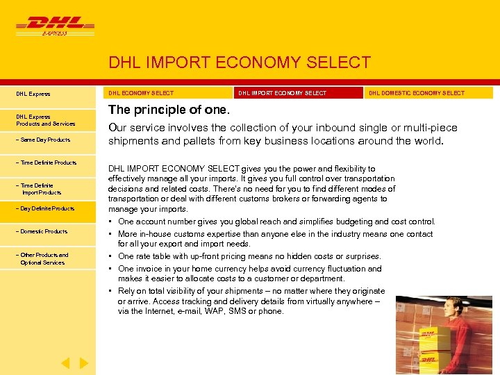 DHL IMPORT ECONOMY SELECT DHL Express Products and Services − Same Day Products −