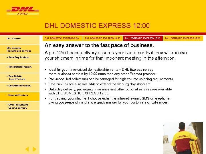 DHL DOMESTIC EXPRESS 12: 00 DHL Express Products and Services − Same Day Products