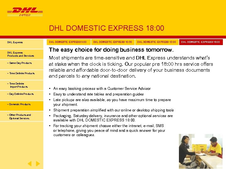 DHL DOMESTIC EXPRESS 18: 00 DHL Express Products and Services − Same Day Products