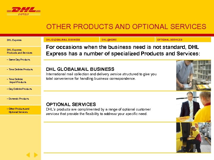 OTHER PRODUCTS AND OPTIONAL SERVICES DHL Express DHL GLOBALMAIL BUSINESS DHL @HOME OPTIONAL SERVICES