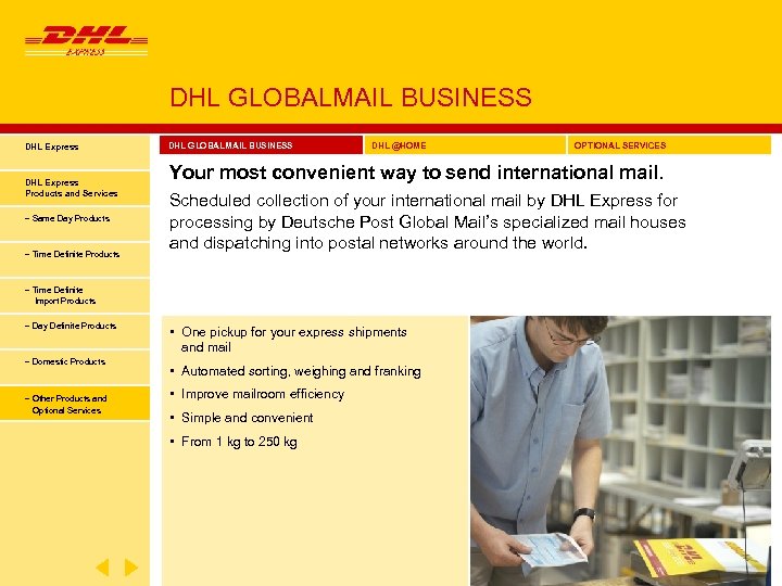 DHL GLOBALMAIL BUSINESS DHL Express Products and Services − Same Day Products − Time