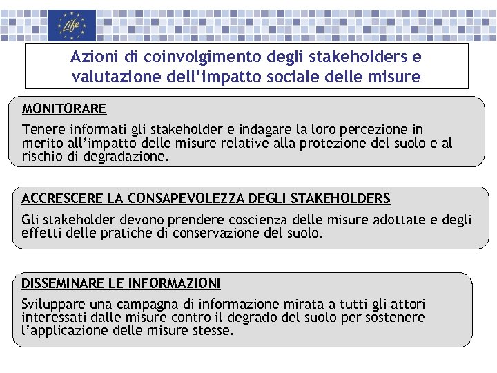 Azioni di coinvolgimento degli stakeholders e valutazione dell’impatto sociale delle misure MONITORARE Tenere informati