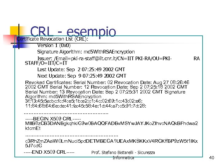 CRL - esempio Certificate Revocation List (CRL): Version 1 (0 x 0) Signature Algorithm:
